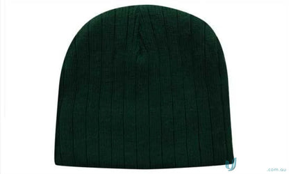 Dark green cable knit beanie showcasing cozy knit beanie style for winter wear