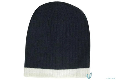 Navy blue cable knit beanie with white brim, stylish knit beanie for winter warmth