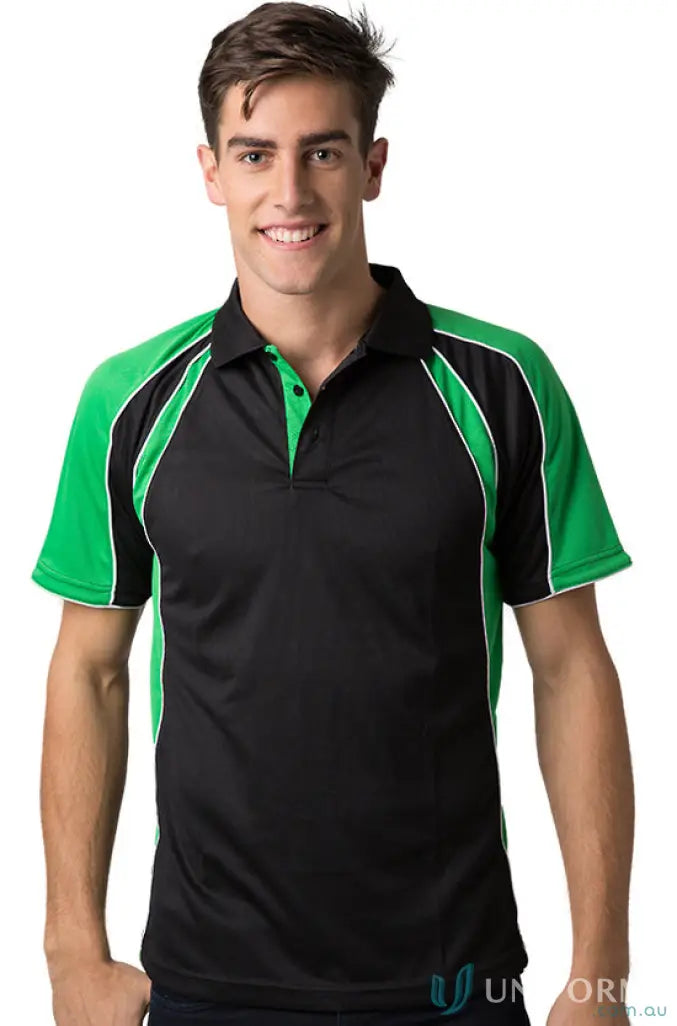 Black and green Toucan Polo shirt with CoolDry moisture management technology