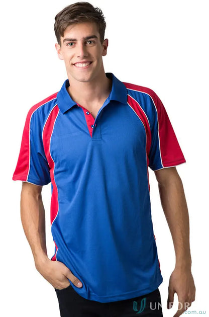 Blue and red Toucan Polo shirt showing cooldry moisture management technology
