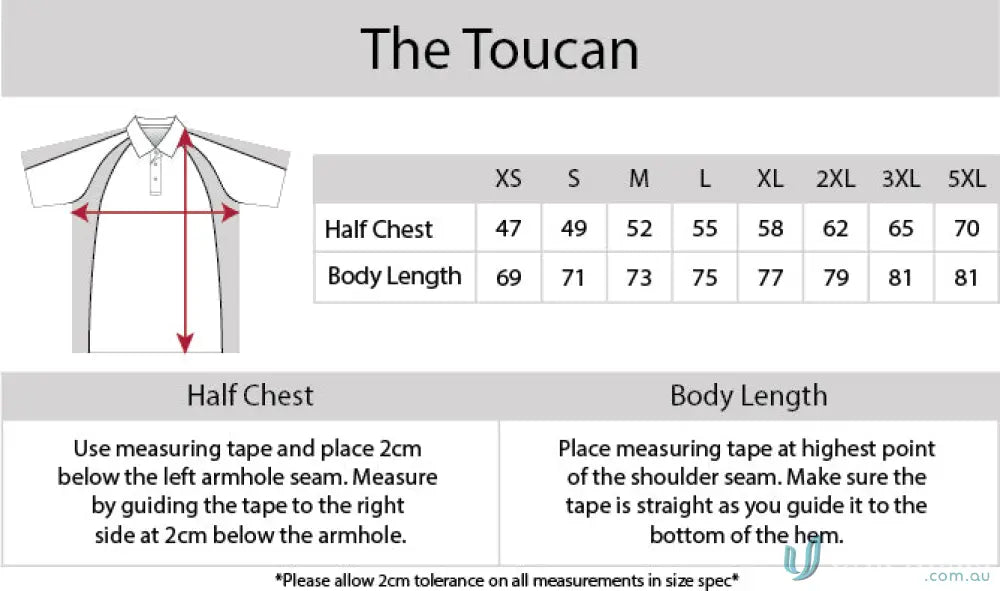 Clothing size chart for Toucan Polo featuring cooldry moisture management tech