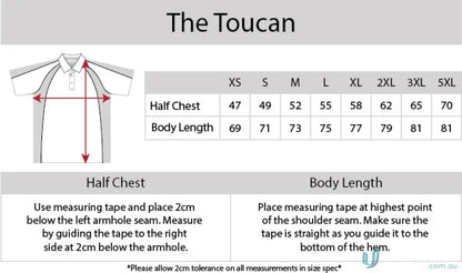 Clothing size chart for Toucan Polo featuring cooldry moisture management tech