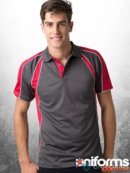 Gray and red Toucan Polo shirt featuring cooldry moisture management technology for all-day comfort