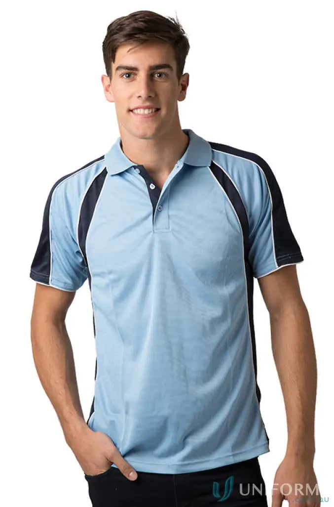 Light blue and black Toucan Polo shirt with cooldry moisture management tech for ultimate comfort