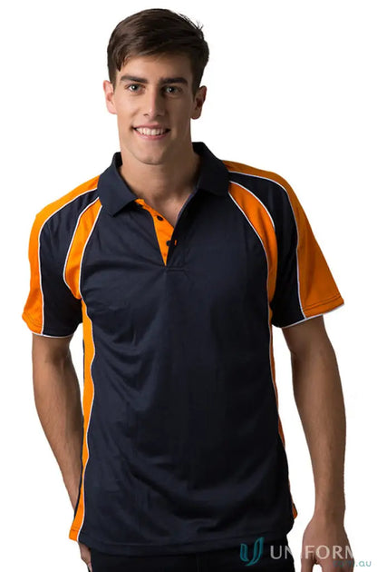 Navy and orange Toucan Polo shirt with cooldry moisture management technology for all-day comfort
