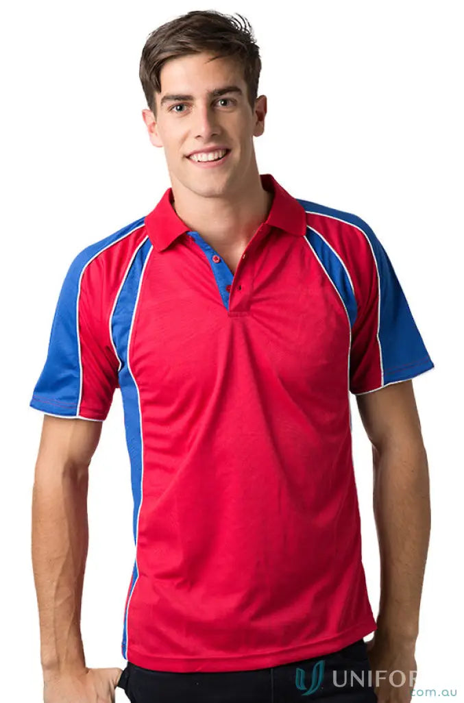 Red and blue Toucan Polo shirt with cooldry moisture management tech for all-day comfort