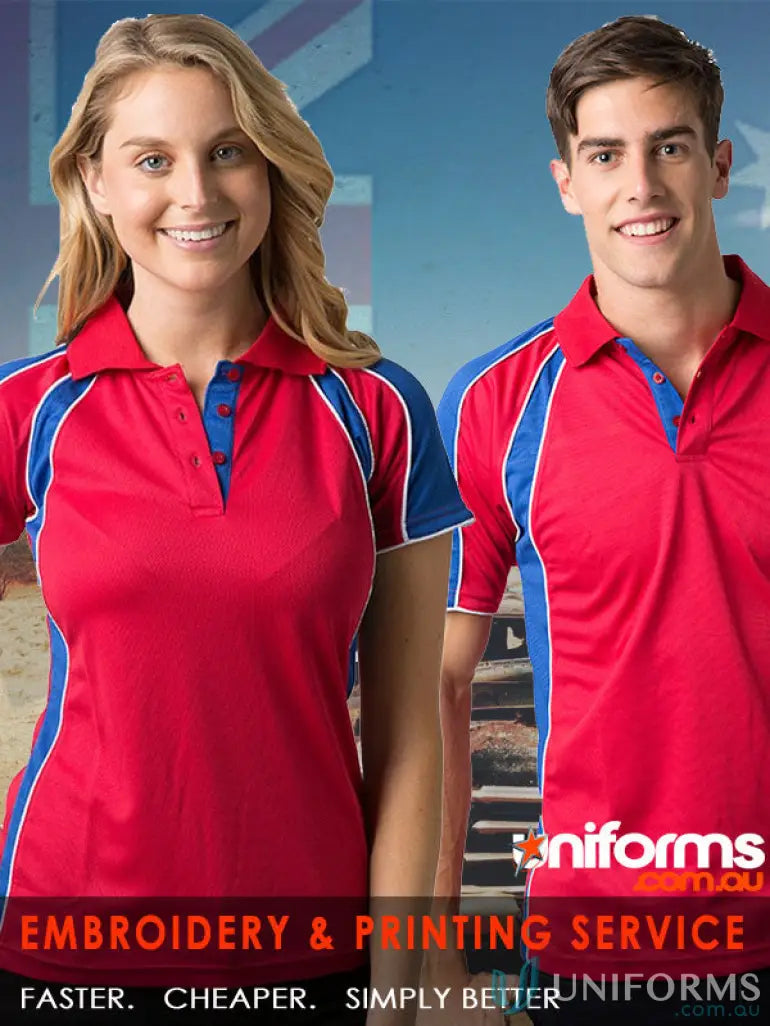 Matching red and blue Toucan Polo shirts with cooldry moisture management tech for comfort