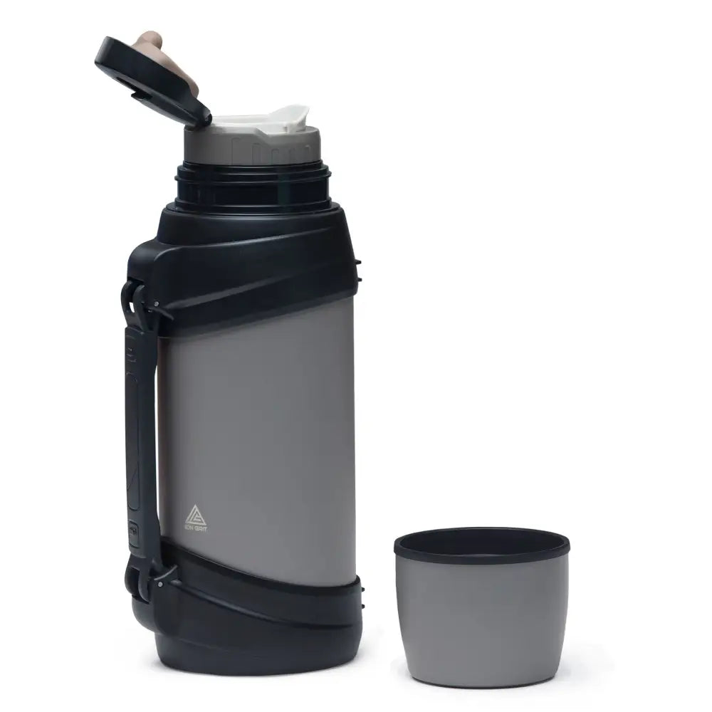 ToughTank 2.0L BPA free double walled stainless steel vacuum insulated thermos with black handle, gray body, white spout