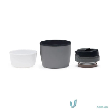 Disassembled ToughTank 2L stainless steel vacuum insulated flask with black lid and detachable shoulder strap