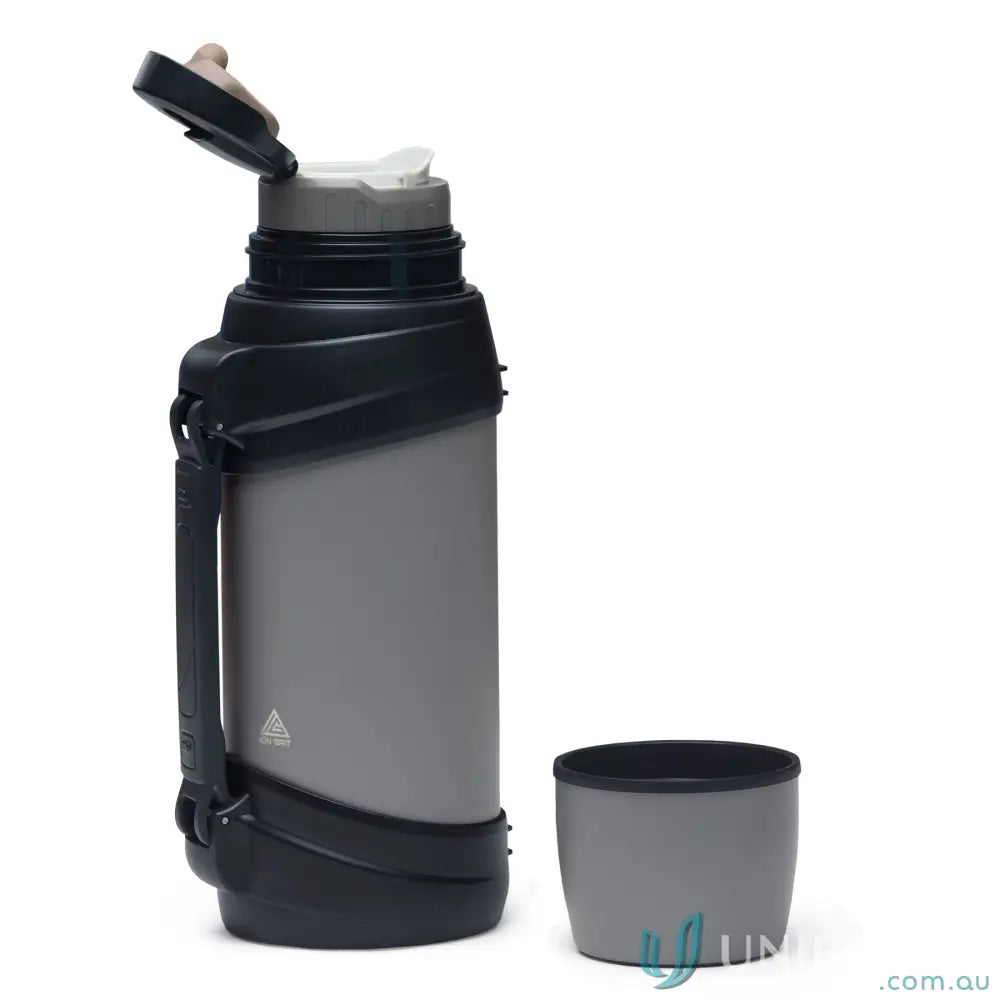 Gray and black stainless steel ToughTank 2L vacuum flask with open spout and detachable shoulder strap