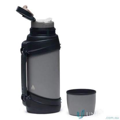 Gray and black stainless steel ToughTank 2L vacuum flask with open spout and detachable shoulder strap