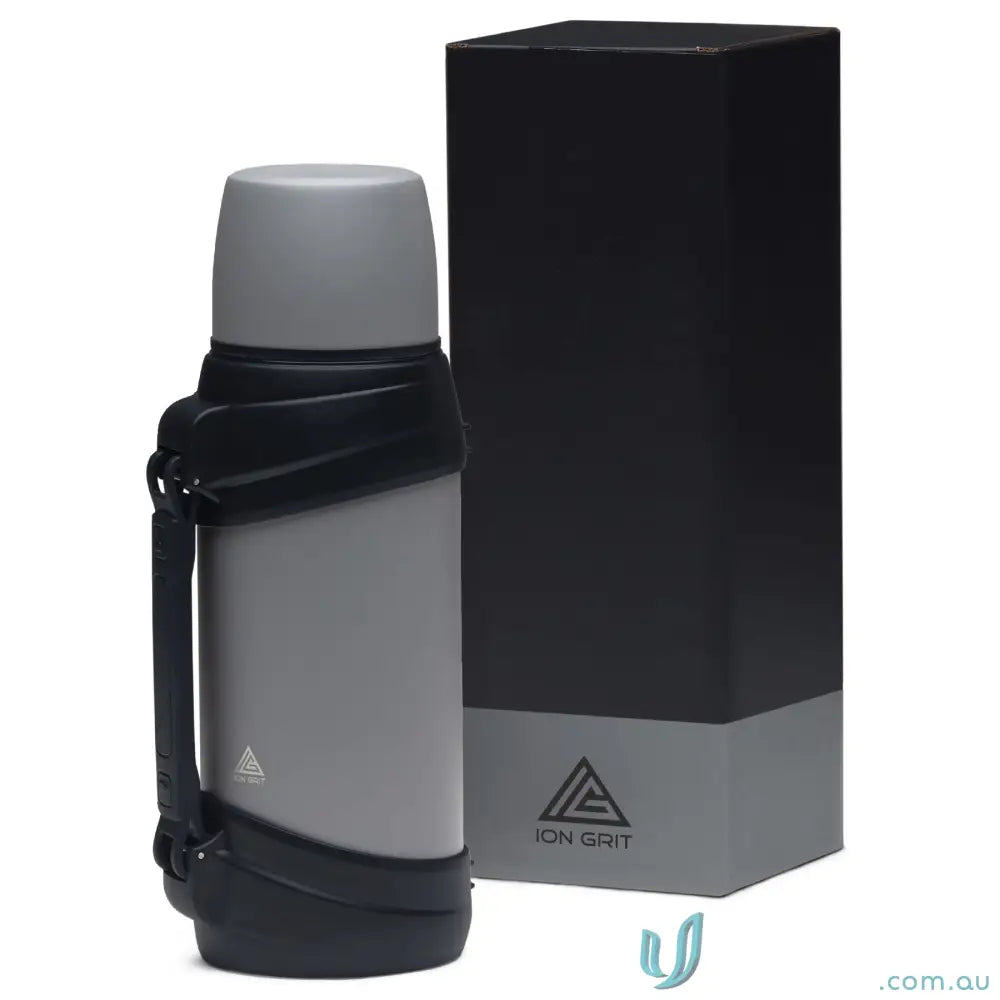Grey stainless steel thermos with detachable shoulder strap and handle for tough trips