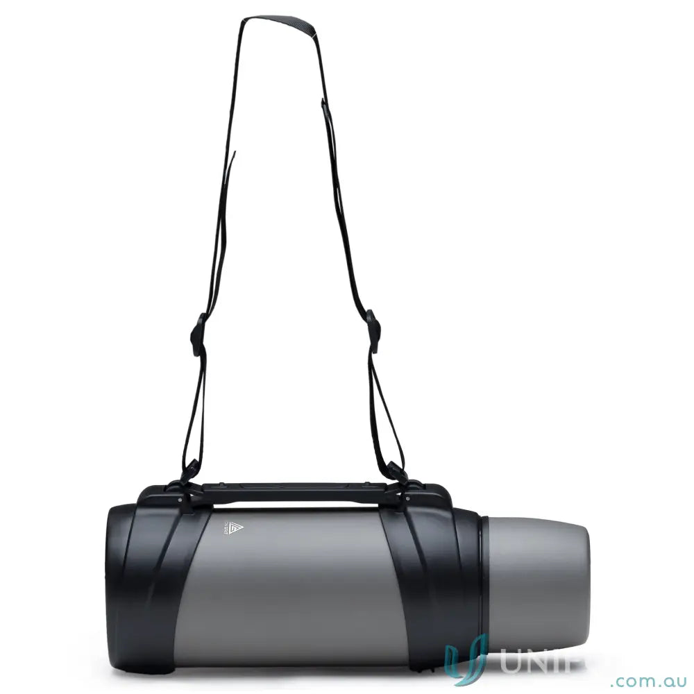 Gray stainless steel ToughTank 2L vacuum flask with detachable shoulder strap and dual caps