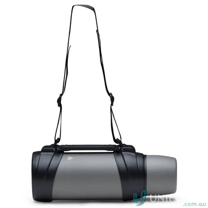 Gray stainless steel ToughTank 2L vacuum flask with detachable shoulder strap and dual caps