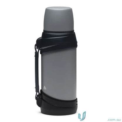 Gray stainless steel ToughTank 2L vacuum flask with black handle and detachable shoulder strap
