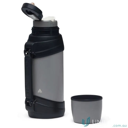 Gray and black stainless steel ToughTank 2L vacuum insulated flask with open lid and detachable shoulder strap