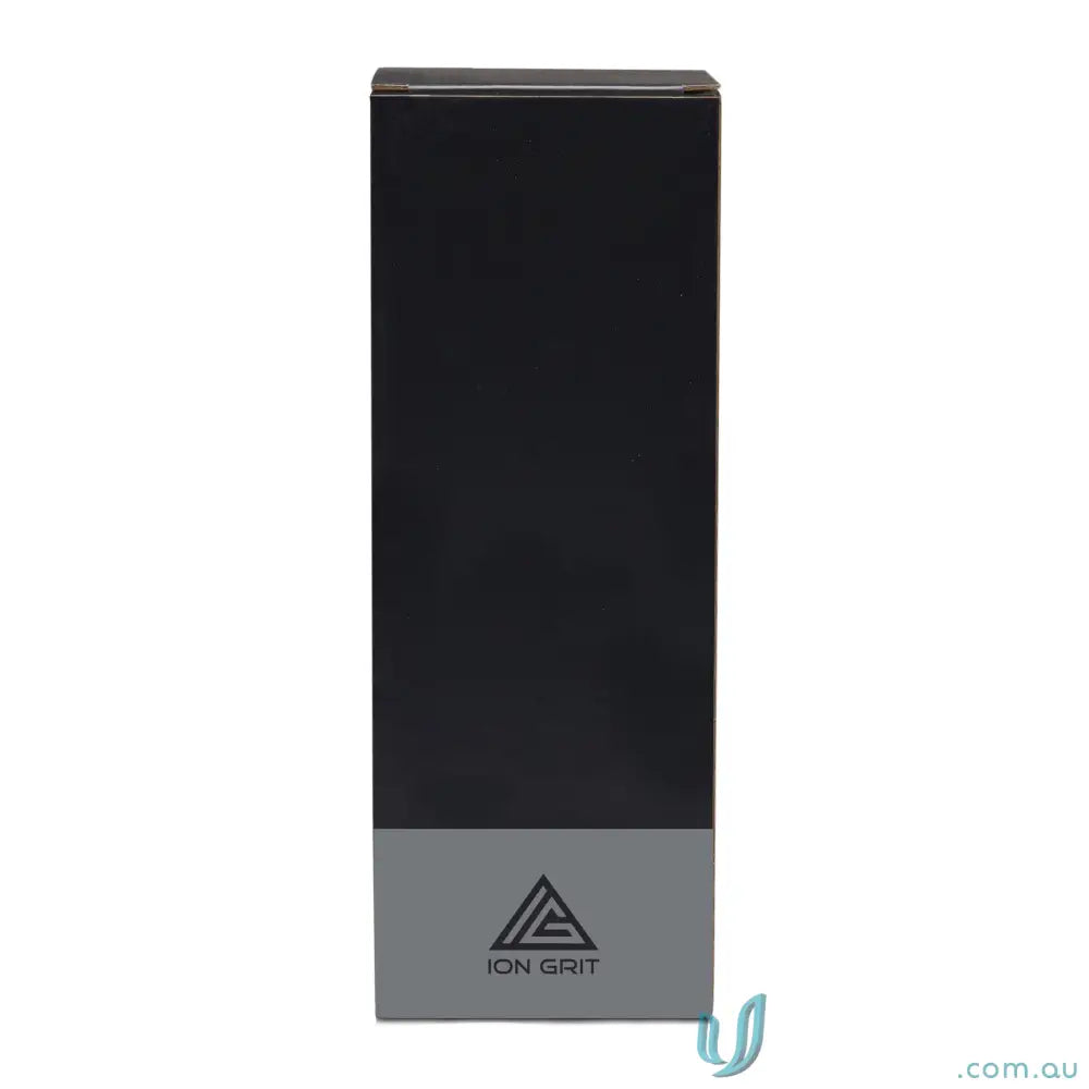 Black and gray rectangular stainless steel flask with detachable shoulder strap and dual caps