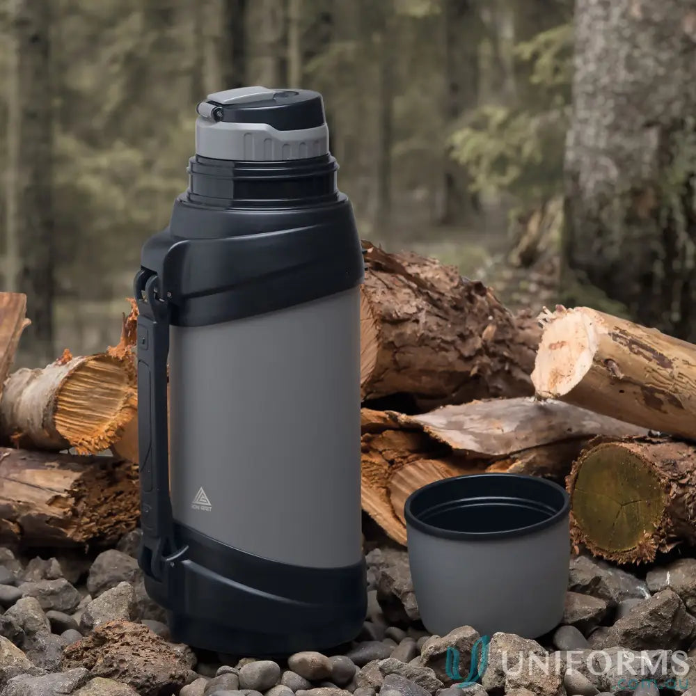 Gray and black stainless steel ToughTank 2L vacuum insulated flask with detachable shoulder strap