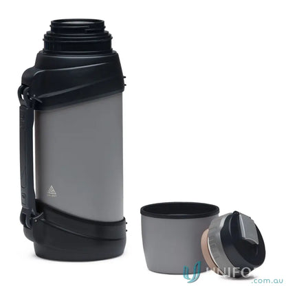 Gray and black stainless steel ToughTank 2L vacuum insulated flask with detachable shoulder strap