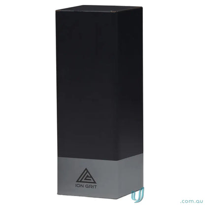 Black and gray stainless steel ION GRIT box with triangular logo for ToughTank Flask