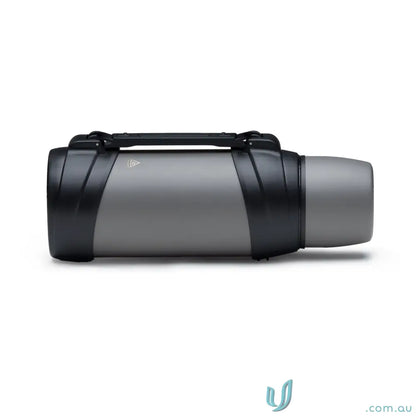 Gray and black stainless steel vacuum insulated thermos with detachable shoulder strap