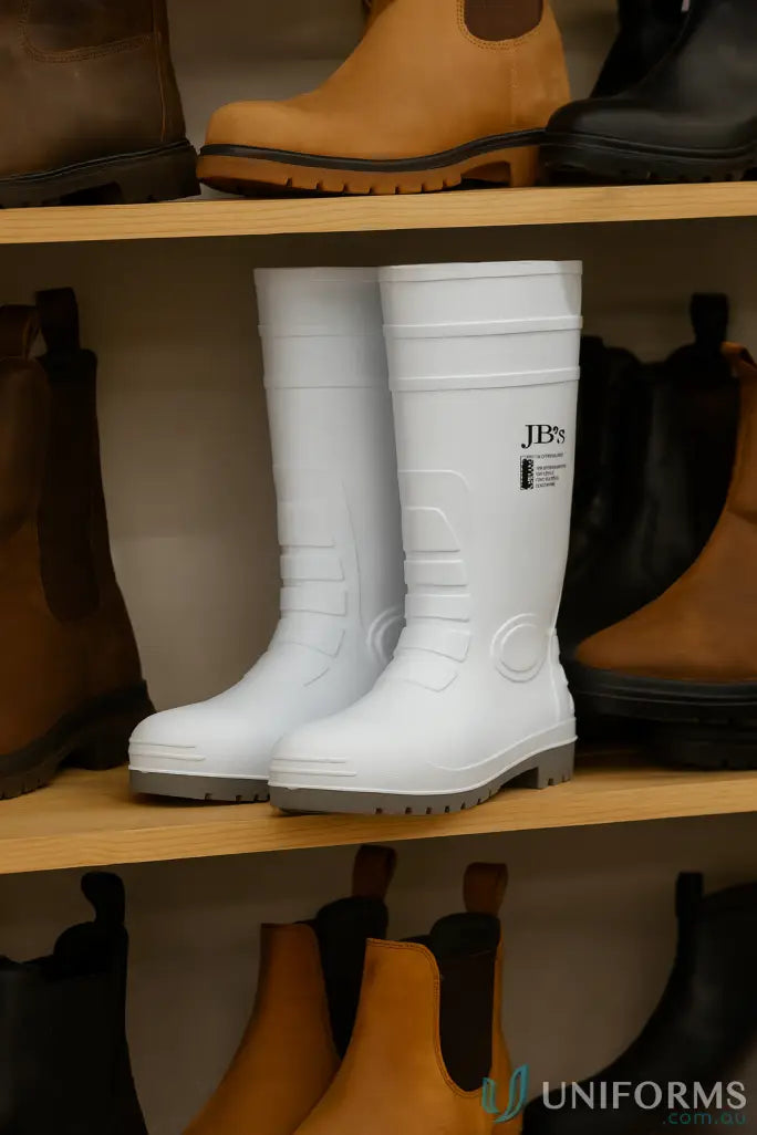 White rubber work boots with textured soles for food grade workwear and uniforms
