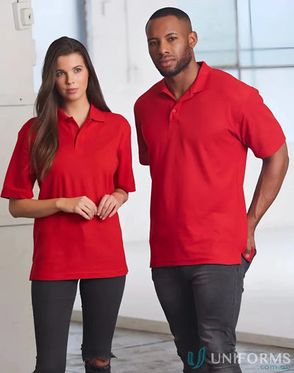 Matching red polo shirts from PS11 Traditional for unmatched comfort in poly cotton pique