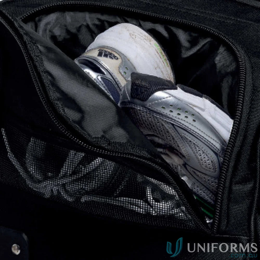 Black Travel Bag with shoes, heavy duty velcro closure, and extra wide padded velcro