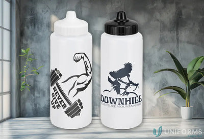 Two Trek 1L polyethylene bottles with jet stream caps, great for trek bottles merchandise sales