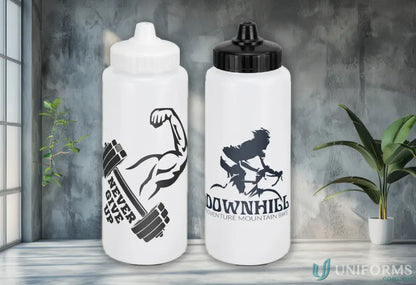 Two Trek 1L polyethylene bottles with jet stream caps, great for trek bottles merchandise sales