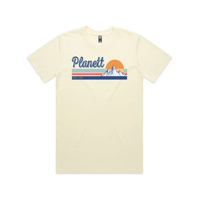 Cream-colored short-sleeved trek tee with retro planett graphic and rainbow stripes perfect for casual workwear uniforms