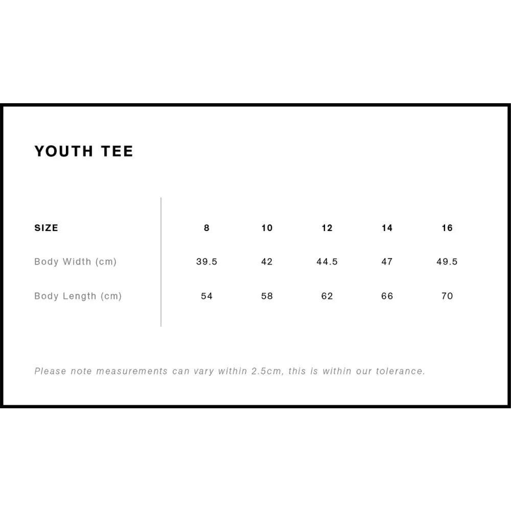 White youth trek tee size chart showing body width and length for sizes 8 to 16 perfect for work uniforms