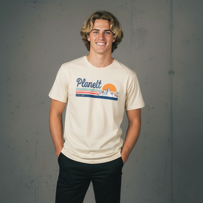 Premium quality blank Trek Tee: cream cotton t-shirt with planet mountain sunset graphic