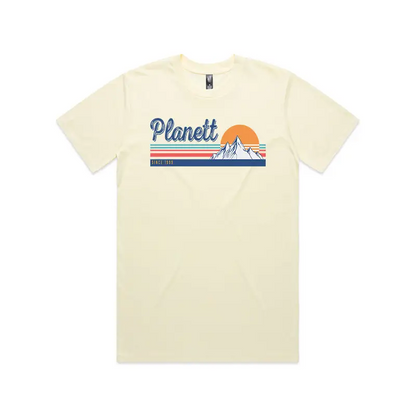 Cream Trek Tee: premium quality blank t-shirt in Australian cotton with retro mountain sun design