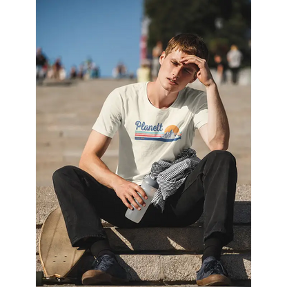 Premium quality blank Trek Tee: white planet graphic with blue stripes, sun design, black pants, brown shoes