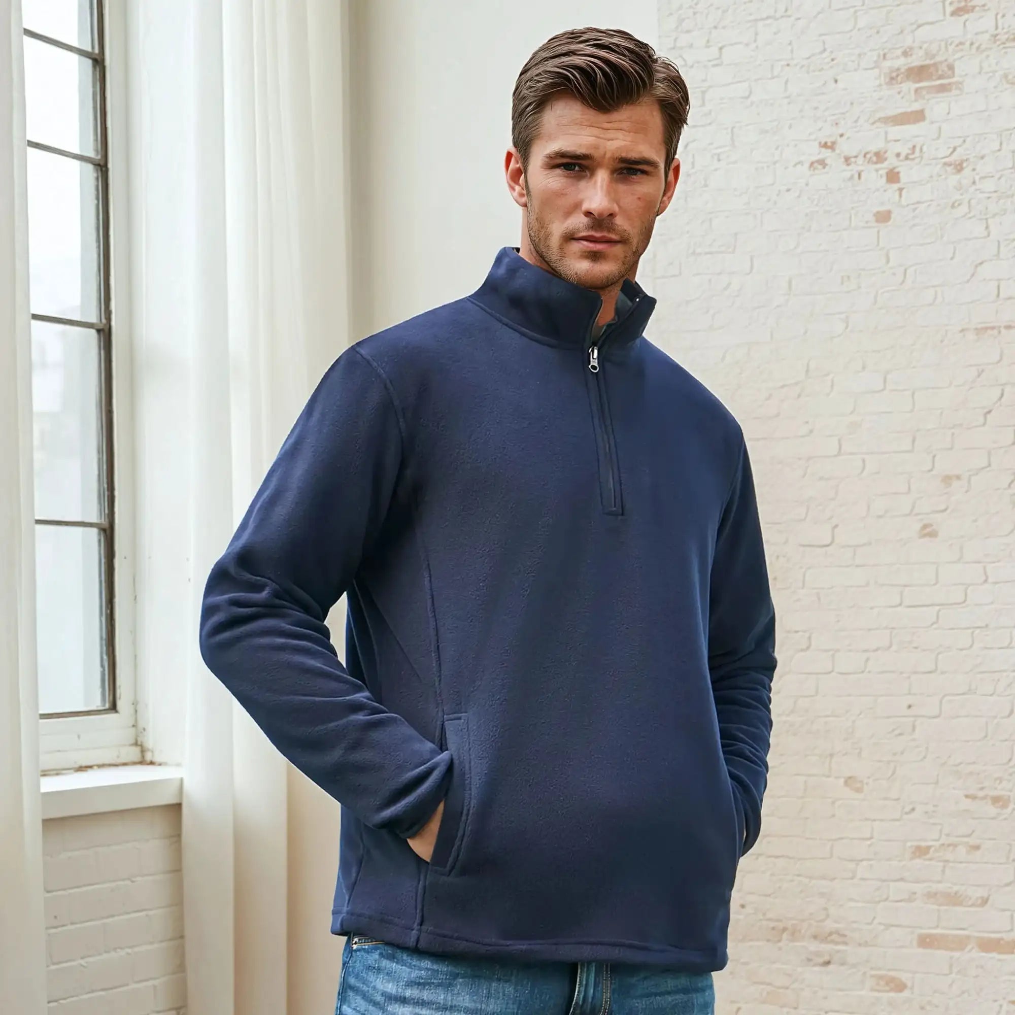 Dark blue Trinity Half Zip fleece with concealed pockets from Biz Collection Trinity