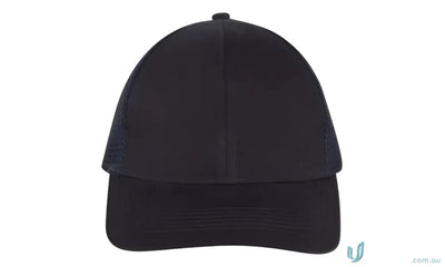 Black trucker cap with mesh back from high range stock featuring a wide inch stock imprint