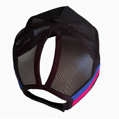 Black mesh trucker ponytail cap with blue and pink striped brim perfect for uniforms and workwear use