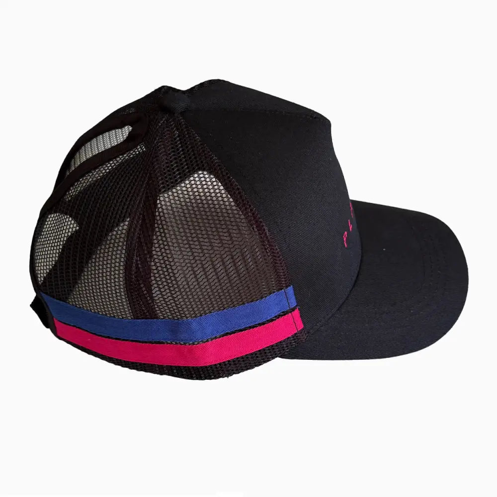 Black trucker ponytail cap with mesh back and bold blue pink stripes on brim perfect for workwear uniforms