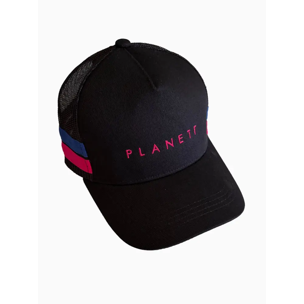 Black trucker ponytail cap with pink and blue striped panels and planet embroidery perfect for workwear uniforms