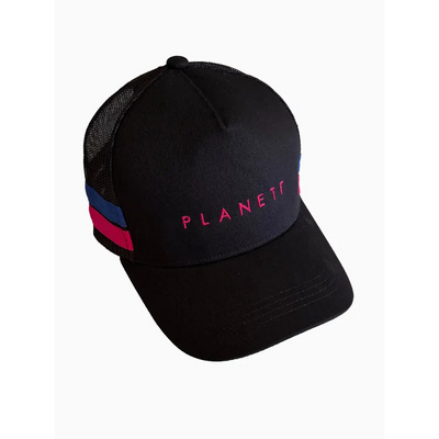 Black trucker ponytail cap with pink and blue striped panels and planet embroidery perfect for workwear uniforms