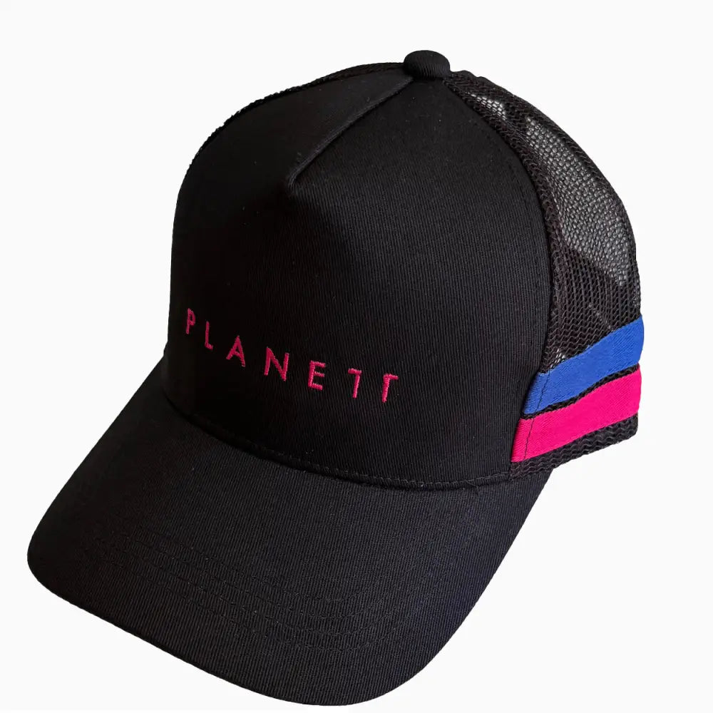 Black trucker ponytail cap with pink and blue side stripes and bright pink planett embroidery perfect for workwear uniforms