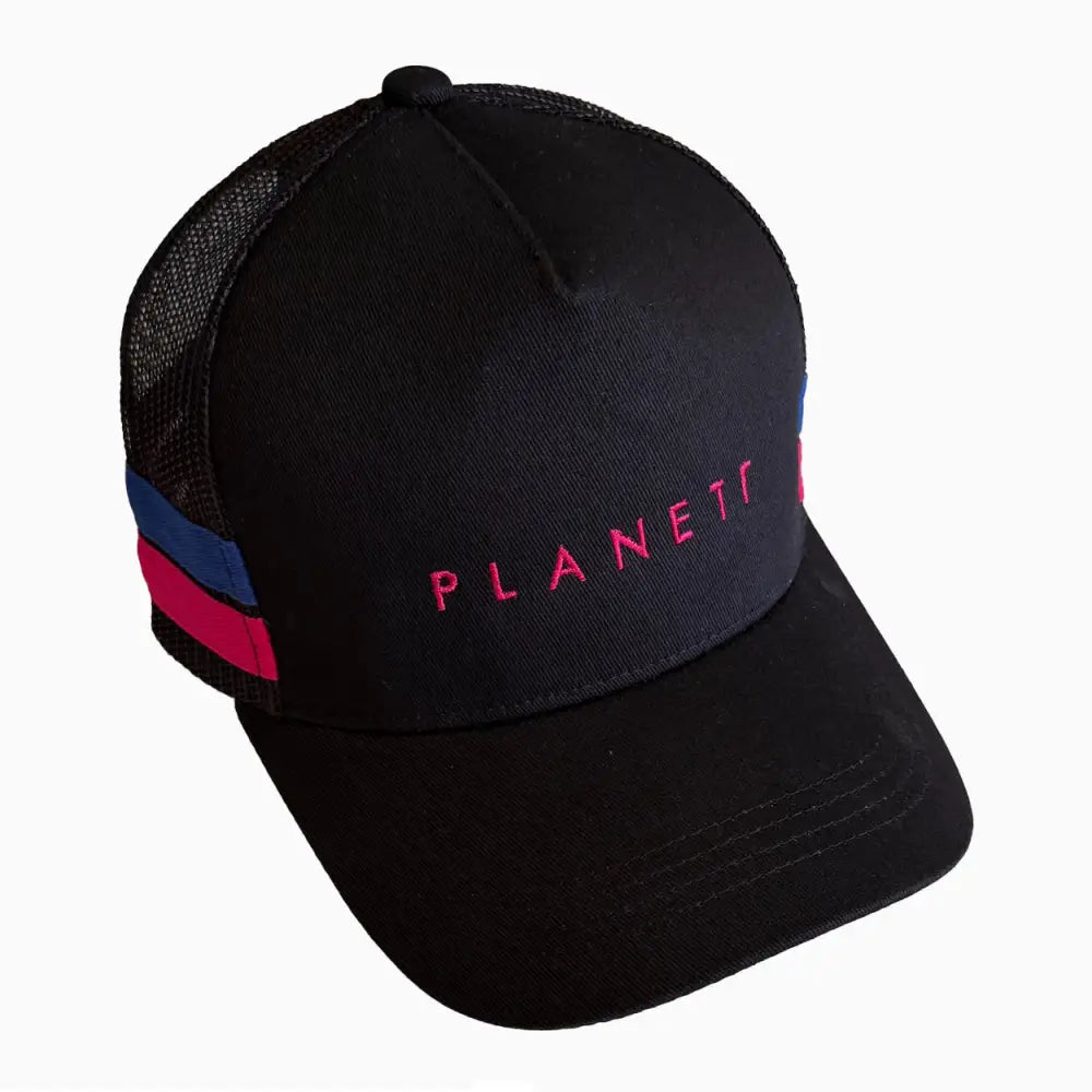 Black mesh trucker ponytail cap embroidered with pink planet text and blue stripe