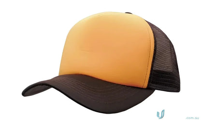 Brown and yellow trucker hat from Truckers Mesh Cap, great for workwear and uniforms