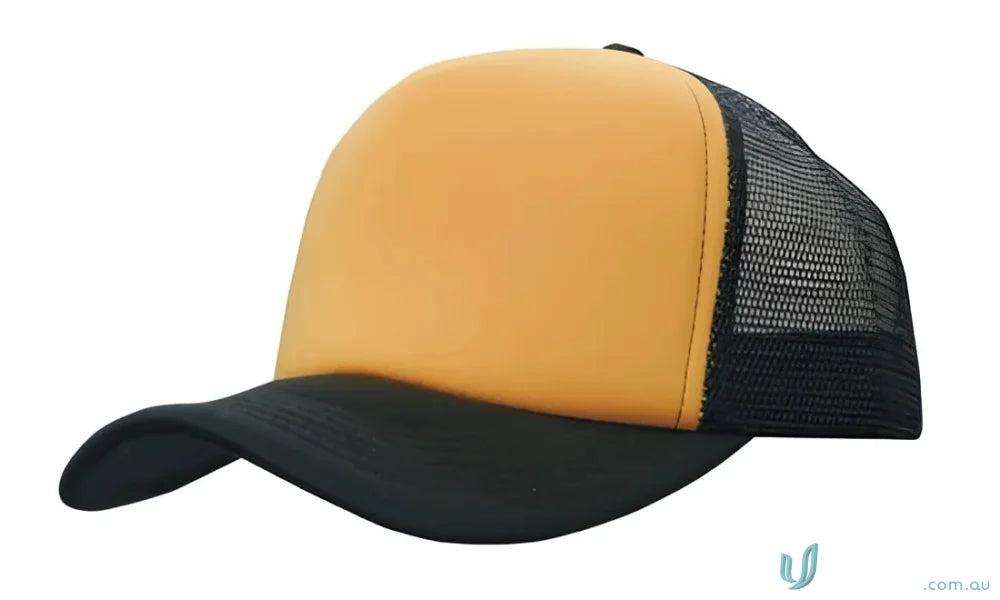 Black and gold trucker hat from Truckers Mesh Cap, perfect for uniforms or workwear FAQs link included