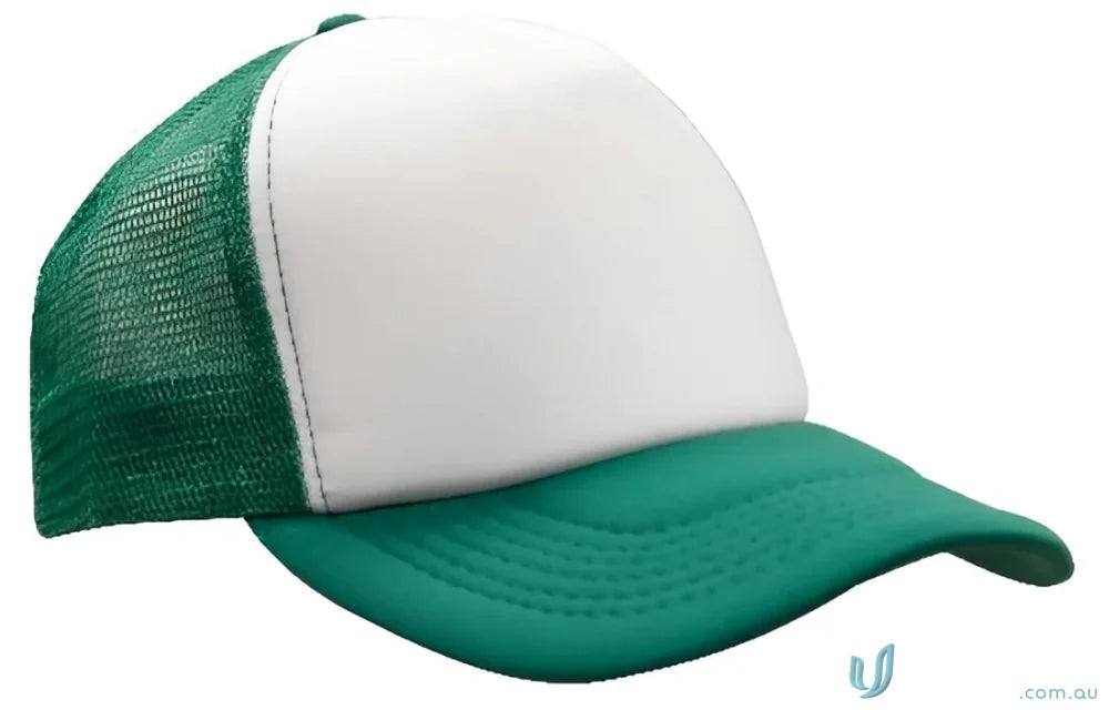 Green and white truckers mesh cap for workwear and uniforms, check our faq link