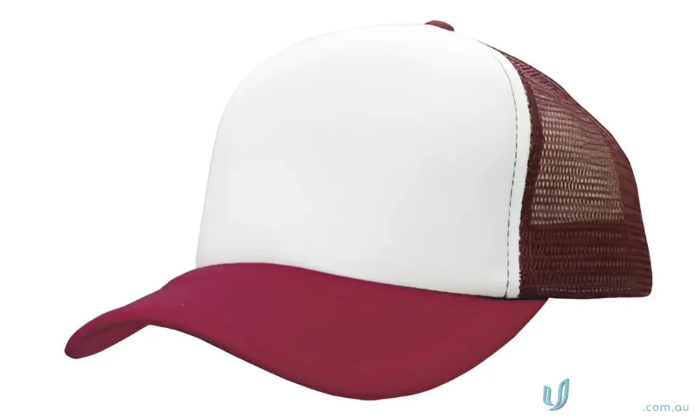 Maroon and white trucker hat perfect for uniforms and workwear, check the faq link