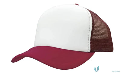 Maroon and white trucker hat perfect for uniforms and workwear, check the faq link