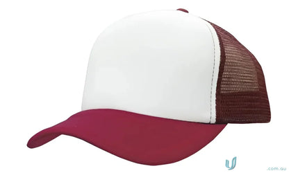Maroon and white trucker hat perfect for uniforms and workwear, check the faq link