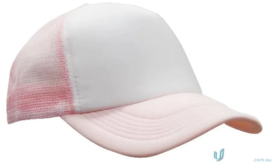Pink and white trucker hat for uniforms and workwear, check our faq link